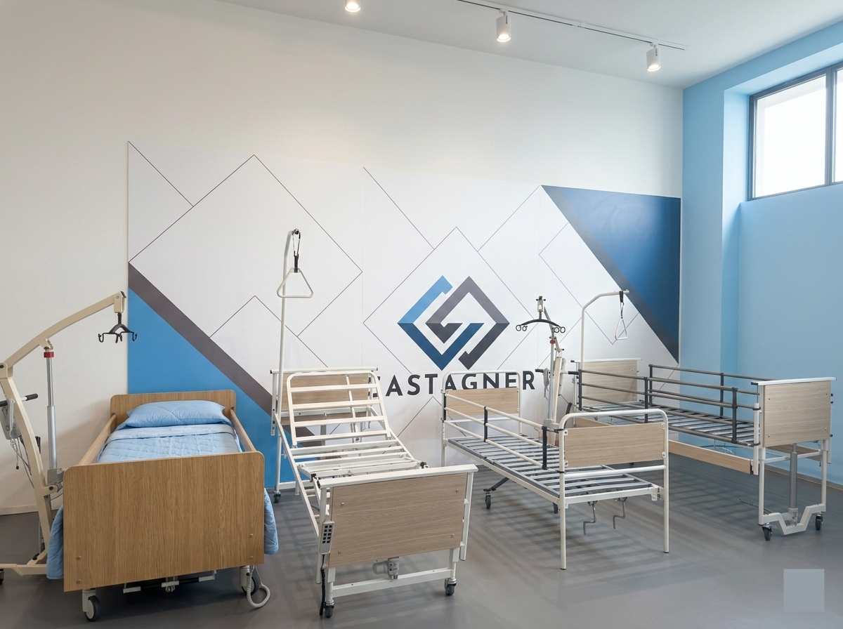 Showroom Castagner: esposizione di letti ospedalieri e sollevatori per pazienti prodotti con certificazione ISO 13485.