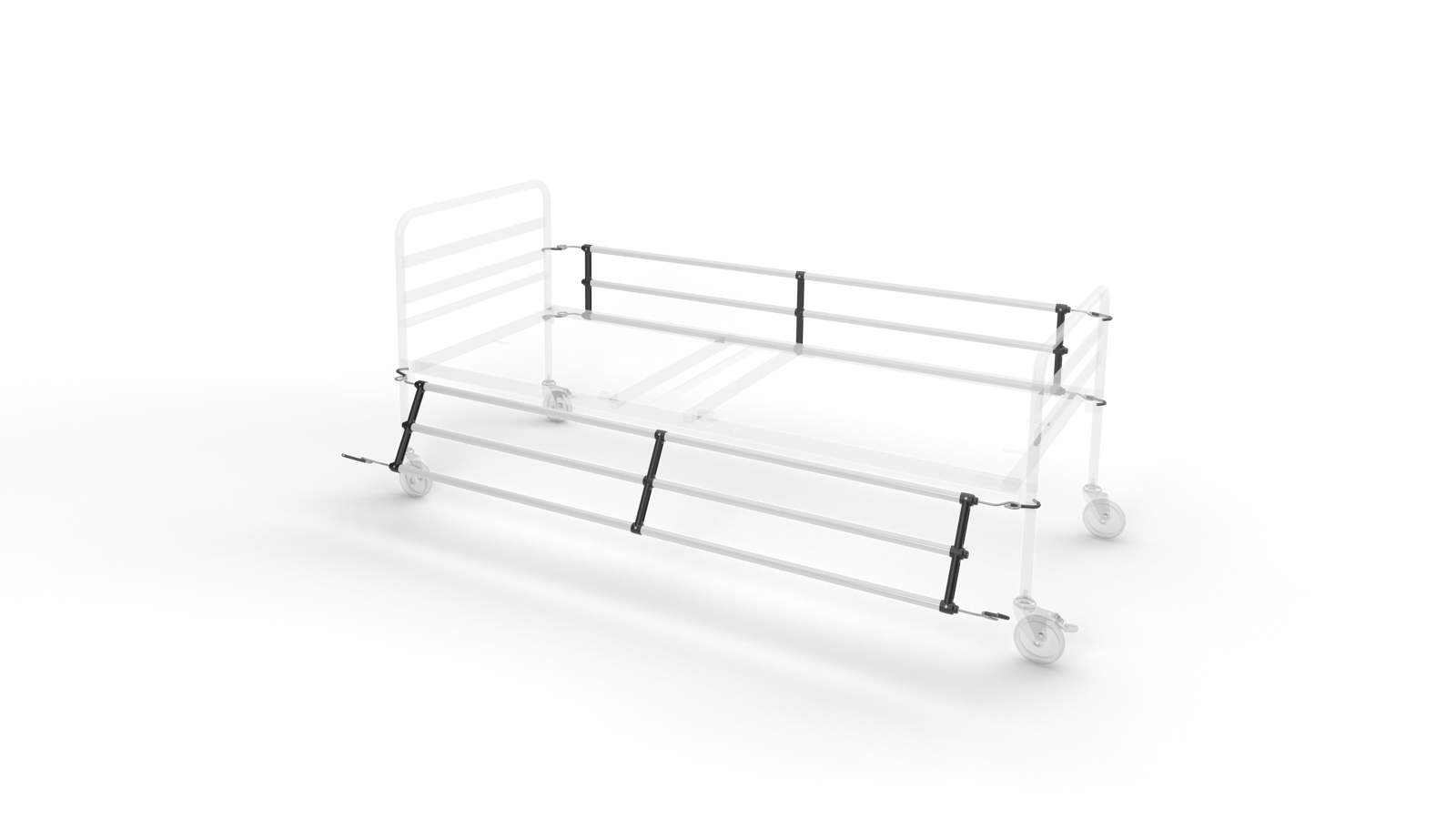 Coppia di sponde letto universali in acciaio verniciato con aggancio rapido a molla. Barriera di contenimento anticaduta per letti degenza, lunghezza 1800mm.