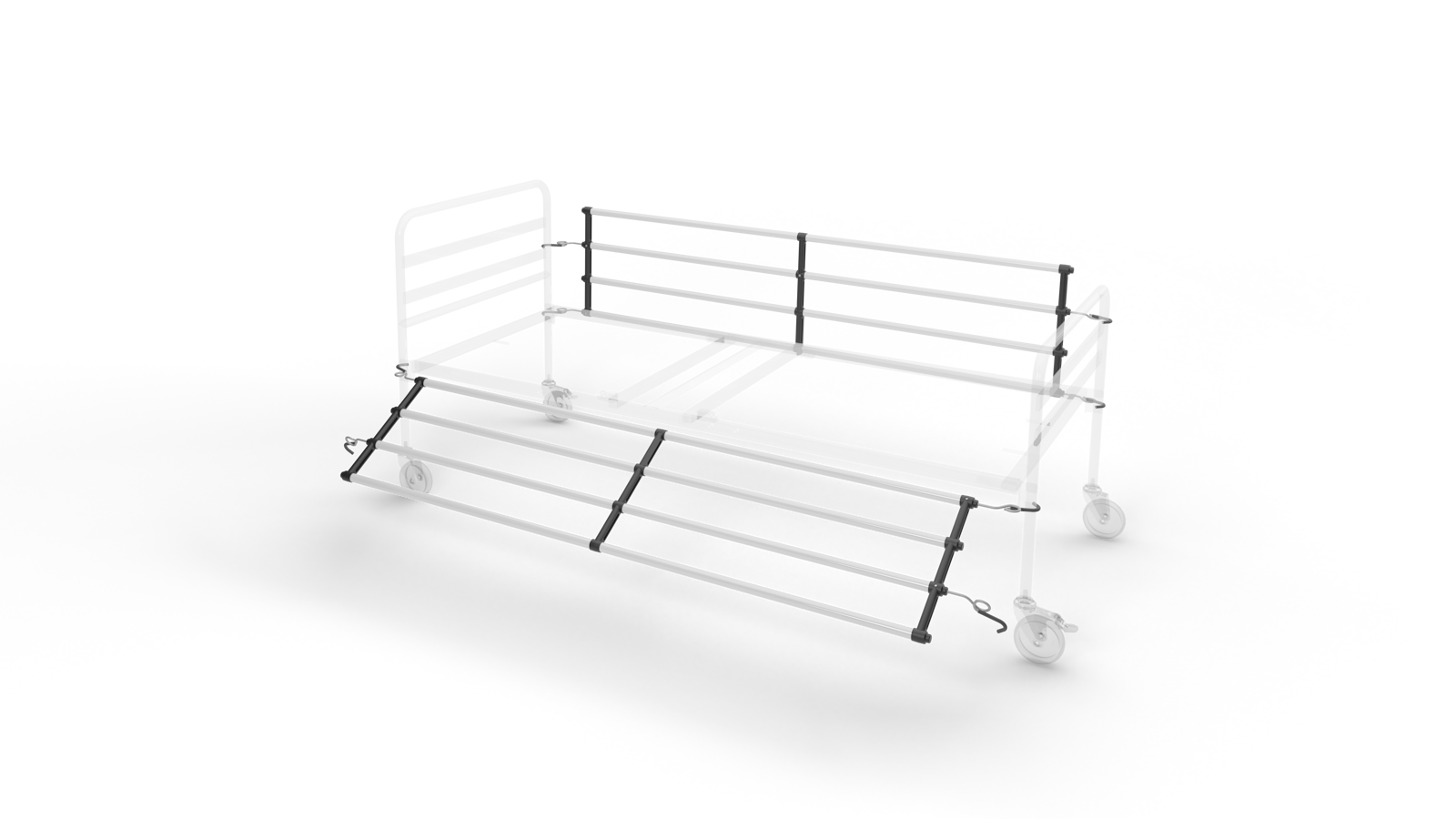 Coppia di sponde letto universali in acciaio verniciato con aggancio rapido a molla. Barriera di contenimento anticaduta per letti degenza, lunghezza 1800mm.