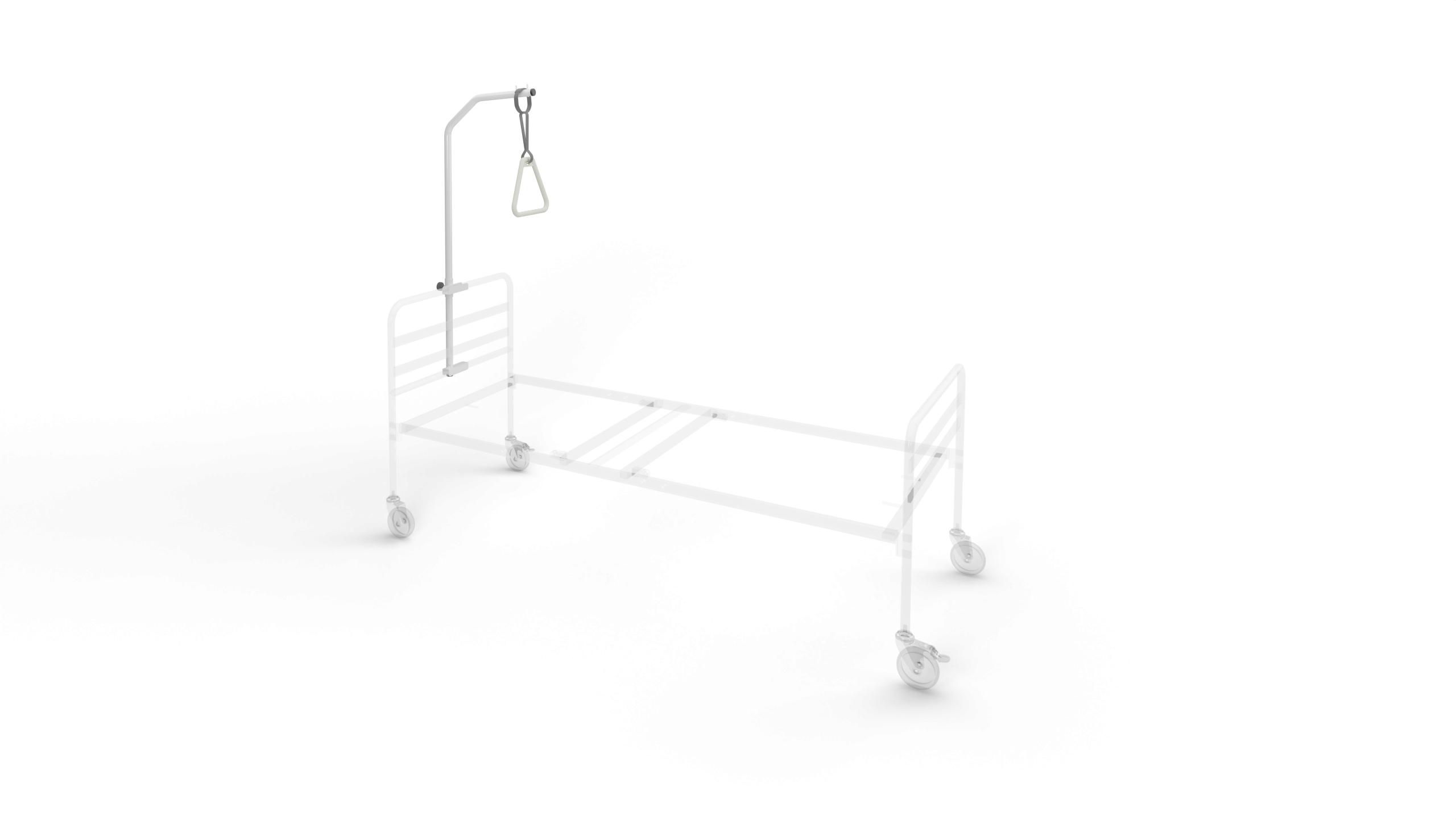 Asta sollevamalati per letto degenza in acciaio verniciato, completa di trapezio ergonomico in nylon e cinghia regolabile. Portata 70kg, compatibile con letti ospedalieri Castagner.