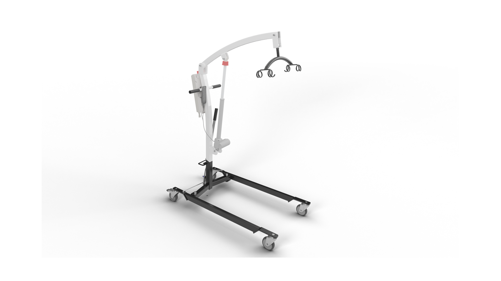Sollevatore elettrico per pazienti con portata 190kg, base regolabile, bilancino a 4 punti e imbracatura inclusa. Struttura in acciaio certificata ISO 13485.