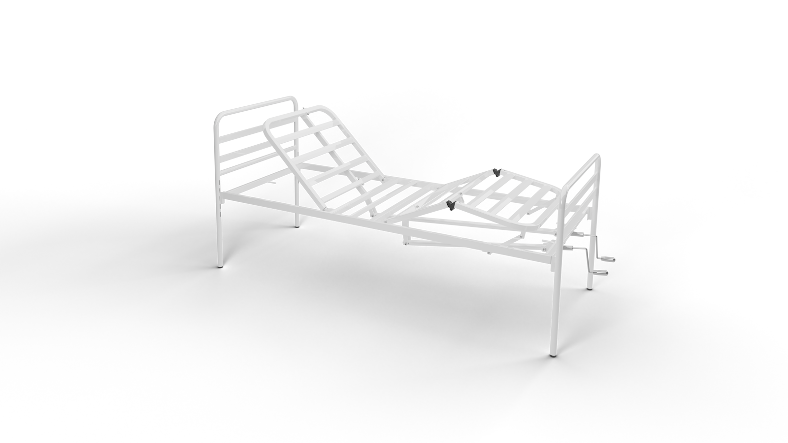 Letto ortopedico a 2 manovelle con sponde e ruote per degenza domiciliare, produzione Castagner.