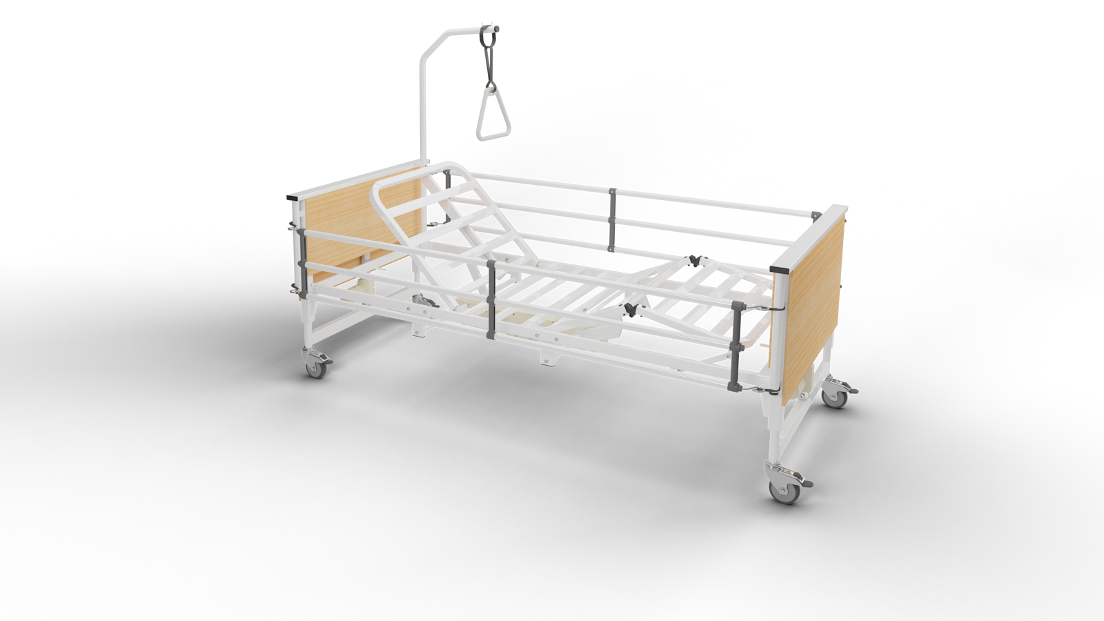 Letto ospedaliero elettrico con funzioni Trendelenburg e Anti-Trendelenburg, 4 sezioni, completo di sponde e asta sollevamalato - Certificato ISO 13485.