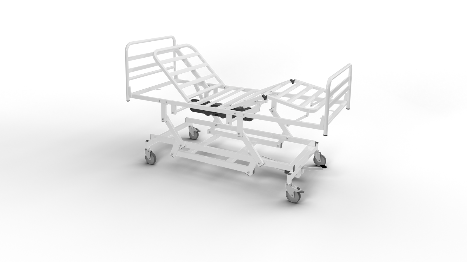 Letto da degenza manuale a 2 manovelle con pompa oleodinamica per regolazione altezza (440-720 mm). Struttura in acciaio verniciato con ruote da 125mm e freno. Portata 210kg.