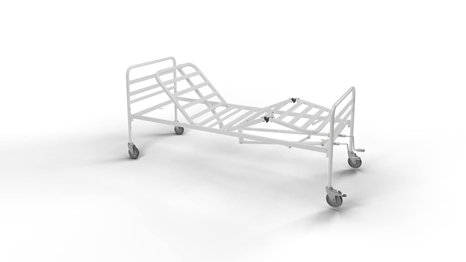 Letto ortopedico a 2 manovelle con ruote e sponde per degenza domiciliare, certificato ISO 13485 - Produzione Castagner.