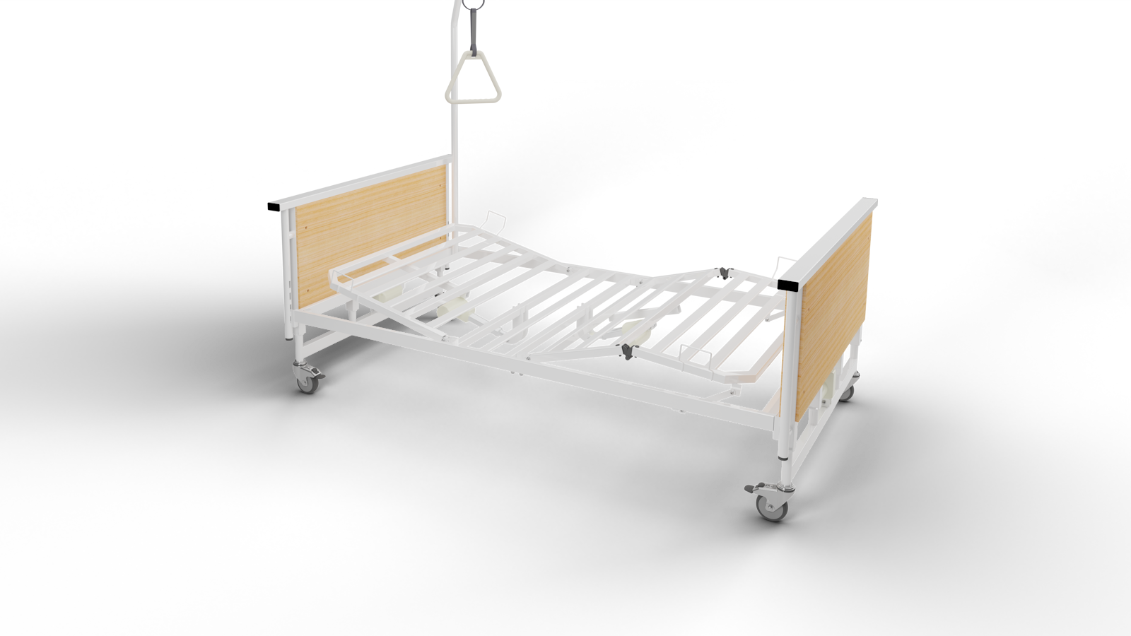 Letto ospedaliero elettrico con finiture in rovere sbiancato, altezza variabile, funzioni Trendelenburg e portata 280kg. Include sponde e asta sollevamalato. Design per degenza domiciliare e RSA.