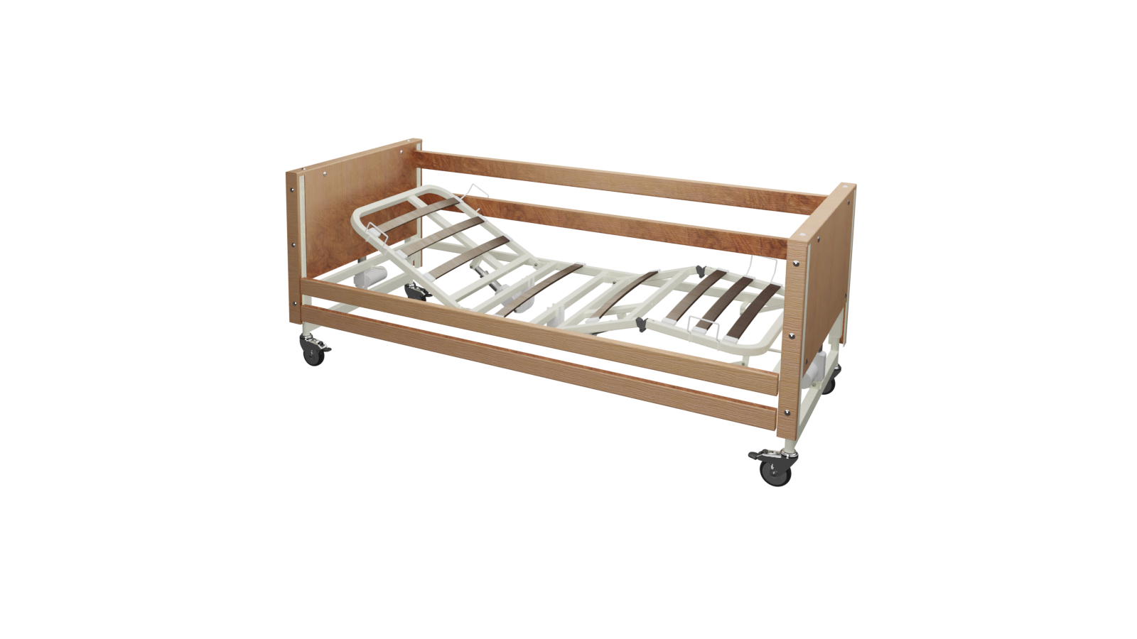 Letto elettrico per RSA e lungo degenza modello 99.18 EAVE TR con 4 motori, doghe in legno e sponde in legno massello.