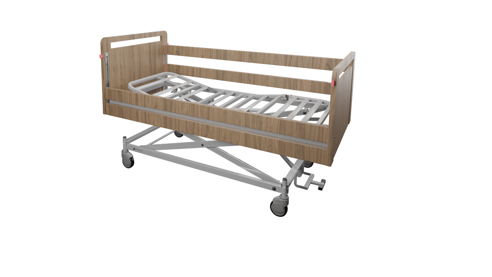 Letto elettrico ETOILE per RSA e lungo degenza in legno massello di faggio, con schienale a retro-traslazione, sponde scorrevoli e freno centralizzato.