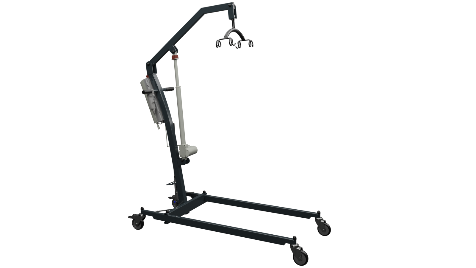 Sollevatore elettrico compatto articolo 65.10 con ruote da 75 mm e gambe da 100 mm per l'uso in spazi ristretti, portata 150 kg e bilancino a 4 punti.